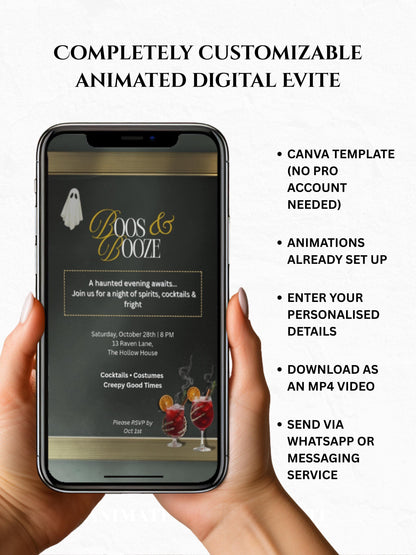 Boos and Booze Evite, Haunted Halloween Party Invitation, Spooky Cocktail Digital Invite, Editable Canva Template, Animated Halloween Evite