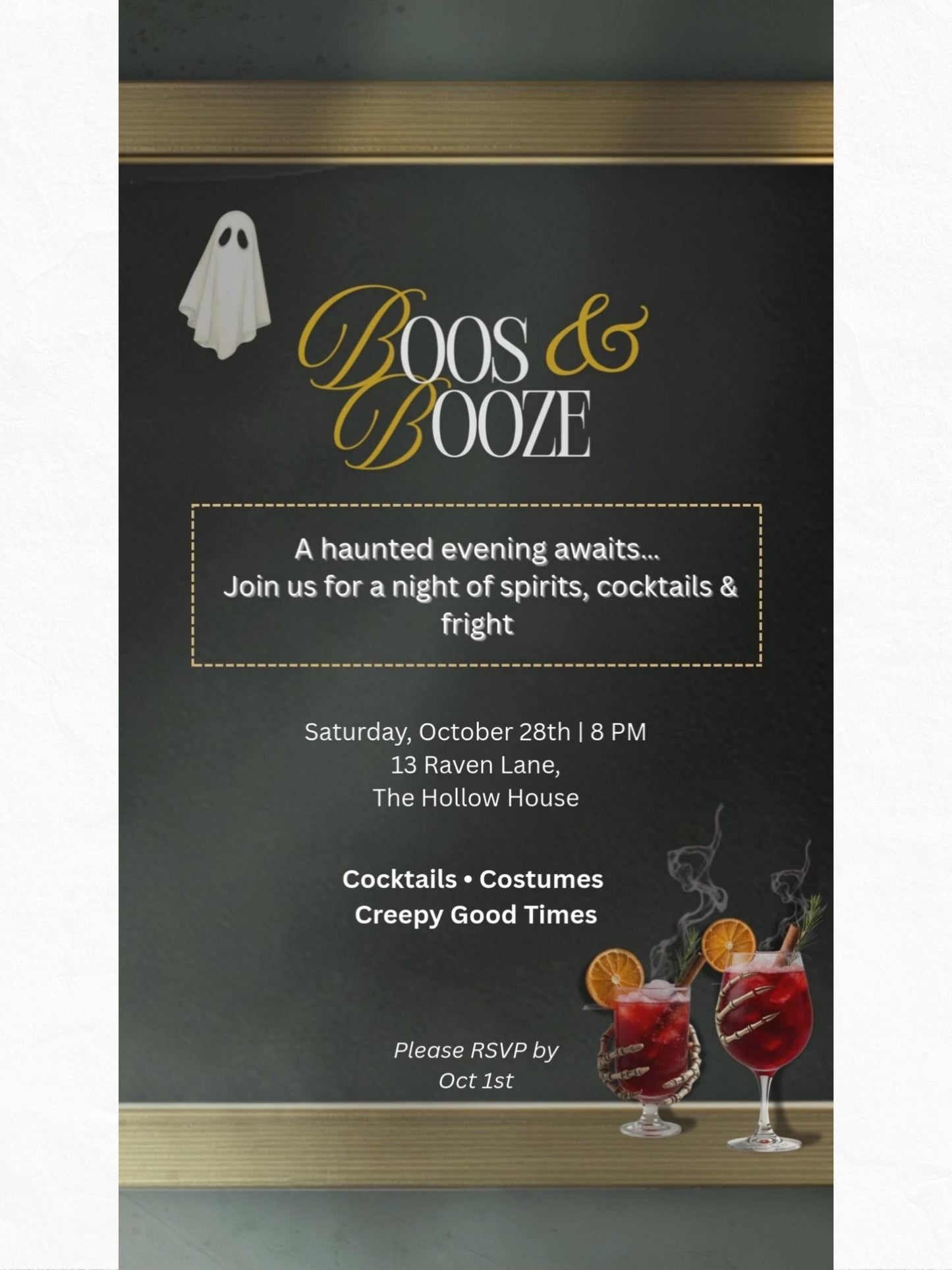 Boos and Booze Evite, Haunted Halloween Party Invitation, Spooky Cocktail Digital Invite, Editable Canva Template, Animated Halloween Evite