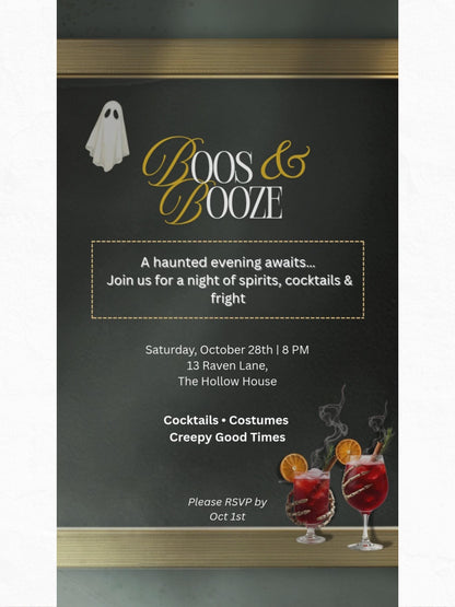 Boos and Booze Evite, Haunted Halloween Party Invitation, Spooky Cocktail Digital Invite, Editable Canva Template, Animated Halloween Evite