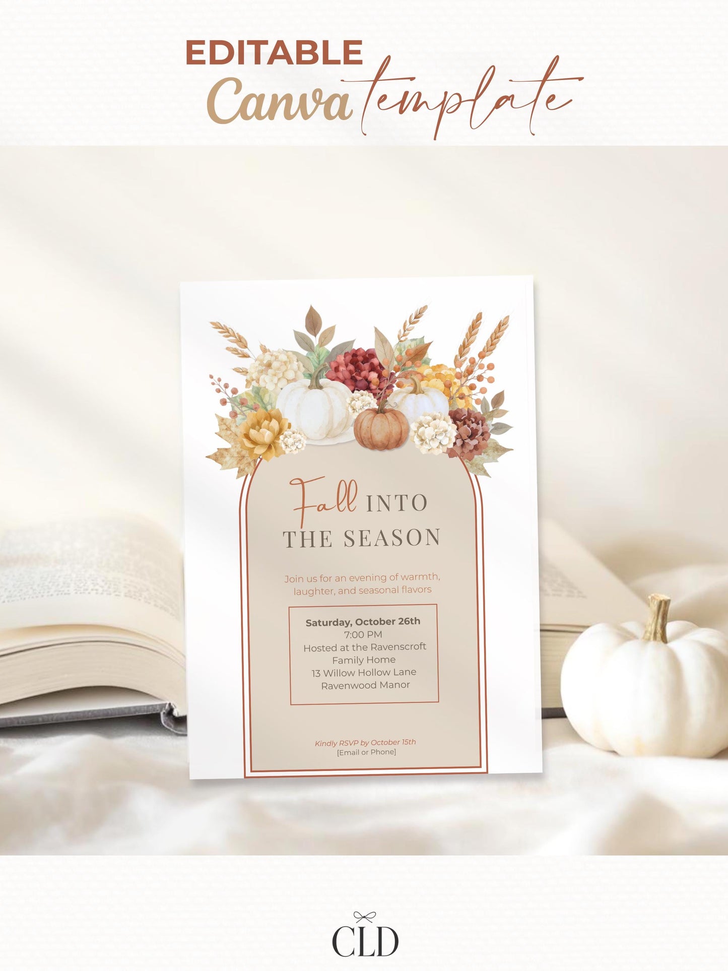 Fall Invitation Template Design Digital Pumpkin Stationery For Thanksgiving Event Document Editing Service For Party Announcement Autumn