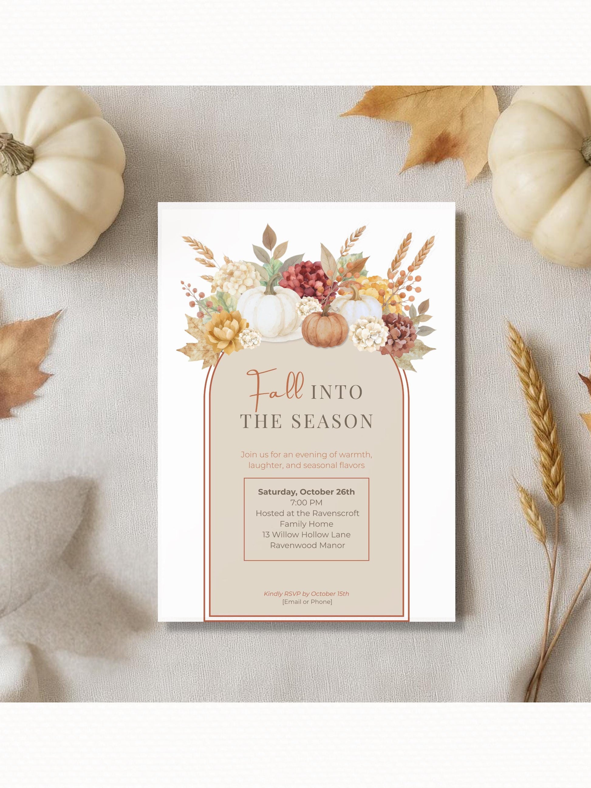 Fall Invitation Template Design Digital Pumpkin Stationery For Thanksgiving Event Document Editing Service For Party Announcement Autumn