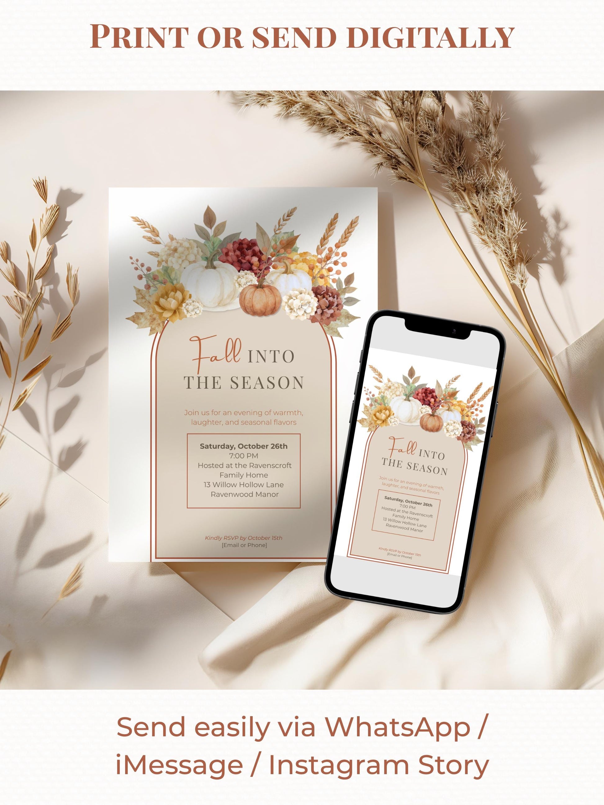 Fall Invitation Template Design Digital Pumpkin Stationery For Thanksgiving Event Document Editing Service For Party Announcement Autumn