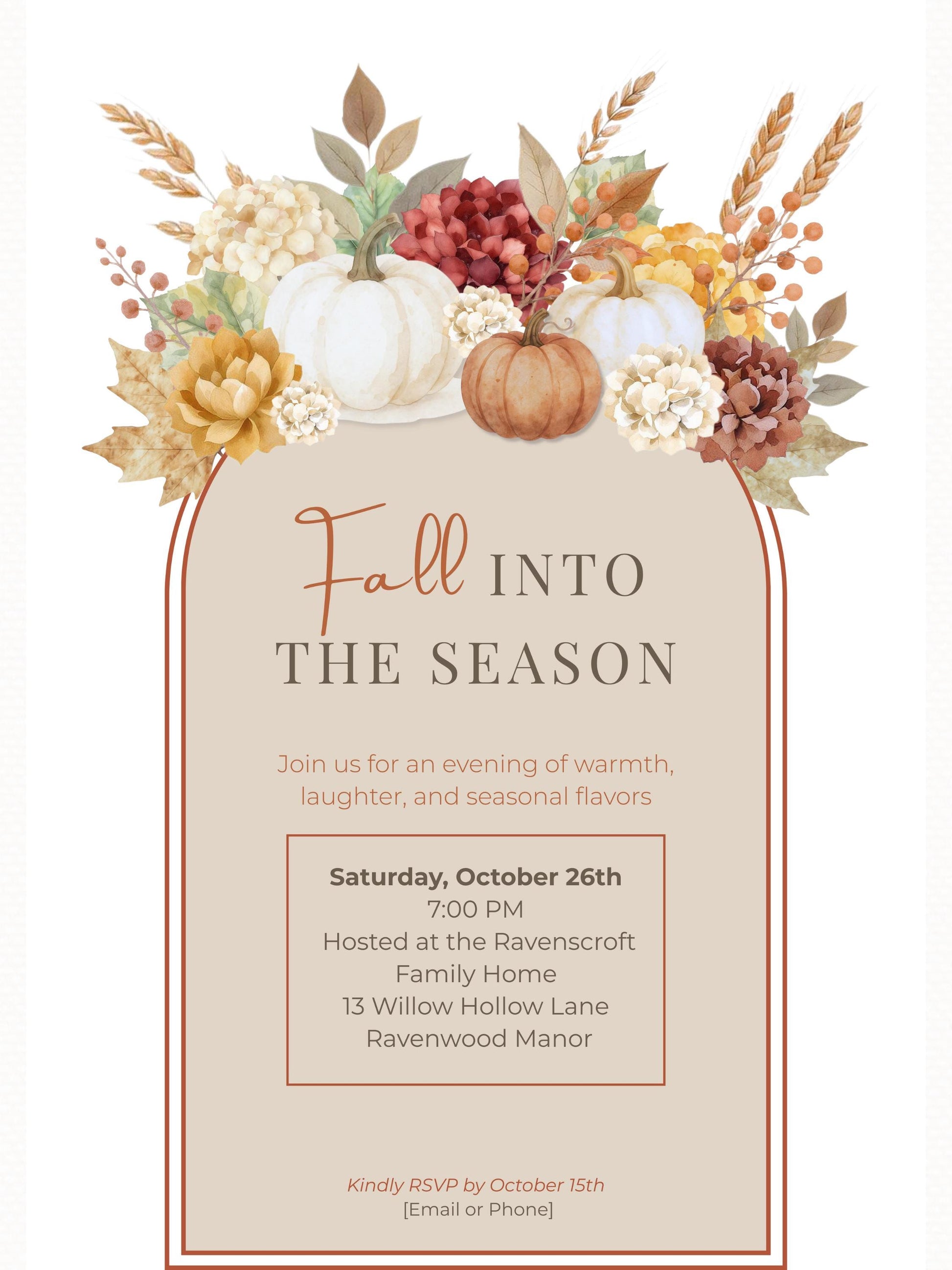 Fall Invitation Template Design Digital Pumpkin Stationery For Thanksgiving Event Document Editing Service For Party Announcement Autumn