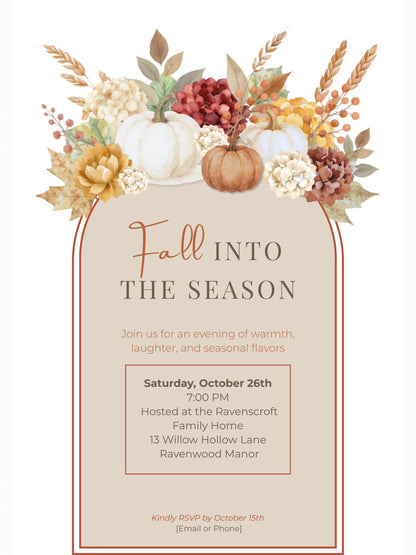 Fall Invitation Template Design Digital Pumpkin Stationery For Thanksgiving Event Document Editing Service For Party Announcement Autumn