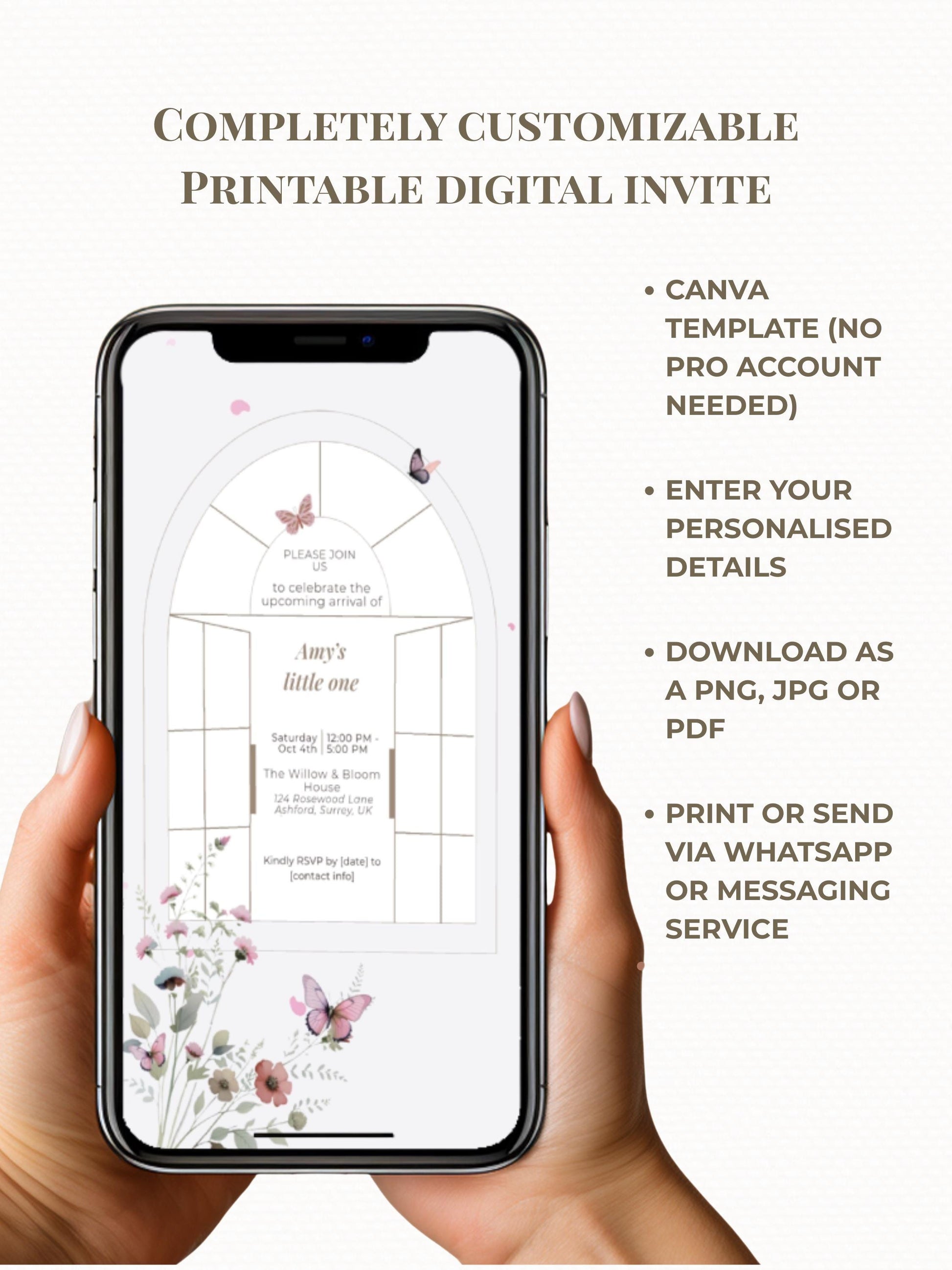 Elegant Butterfly Baby Shower Invitation Template ·Editable Arch Window Design with Florals· Neutral Minimal Baby Girl or Boy Shower Invite