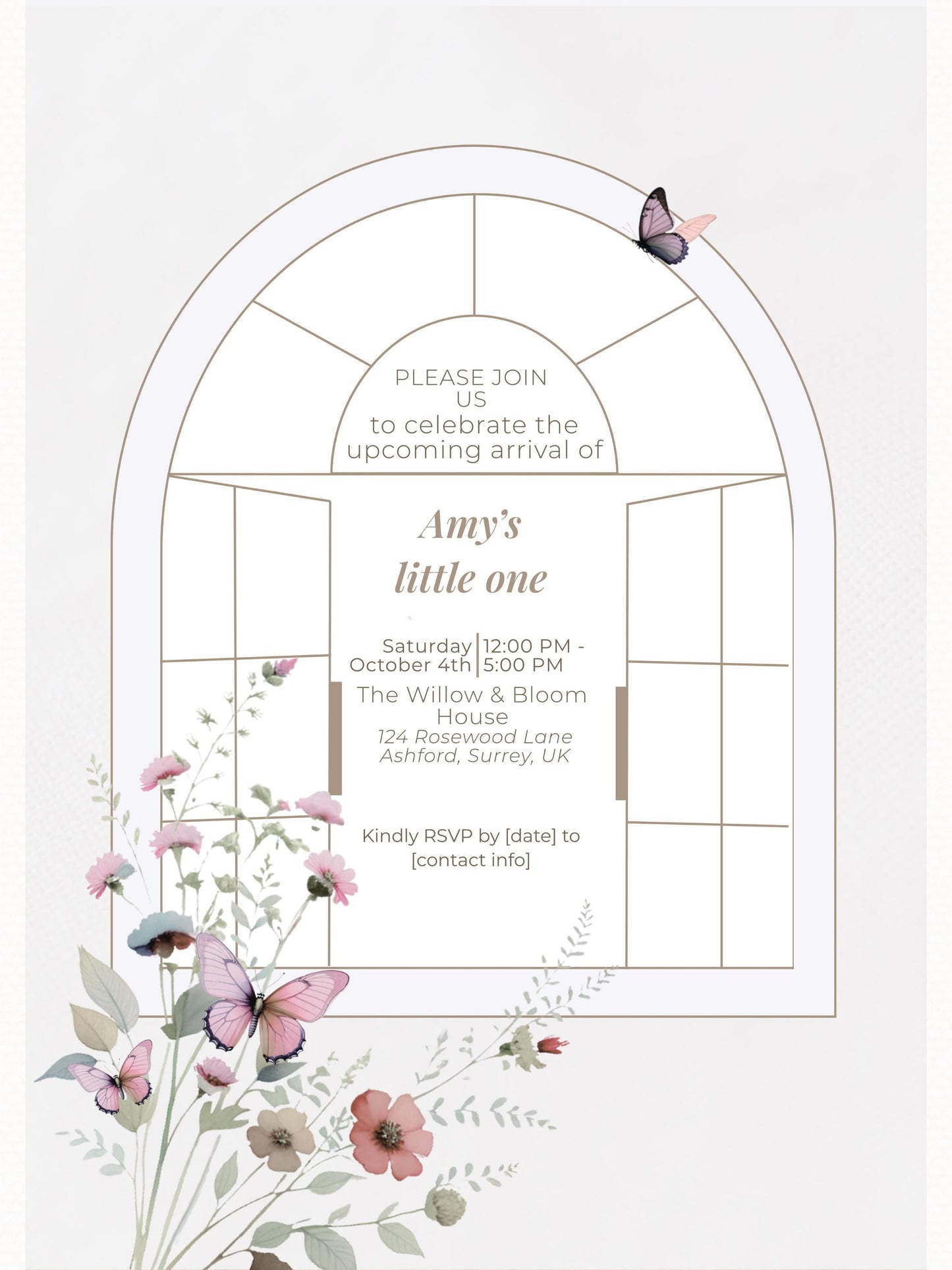 Elegant Butterfly Baby Shower Invitation Template ·Editable Arch Window Design with Florals· Neutral Minimal Baby Girl or Boy Shower Invite