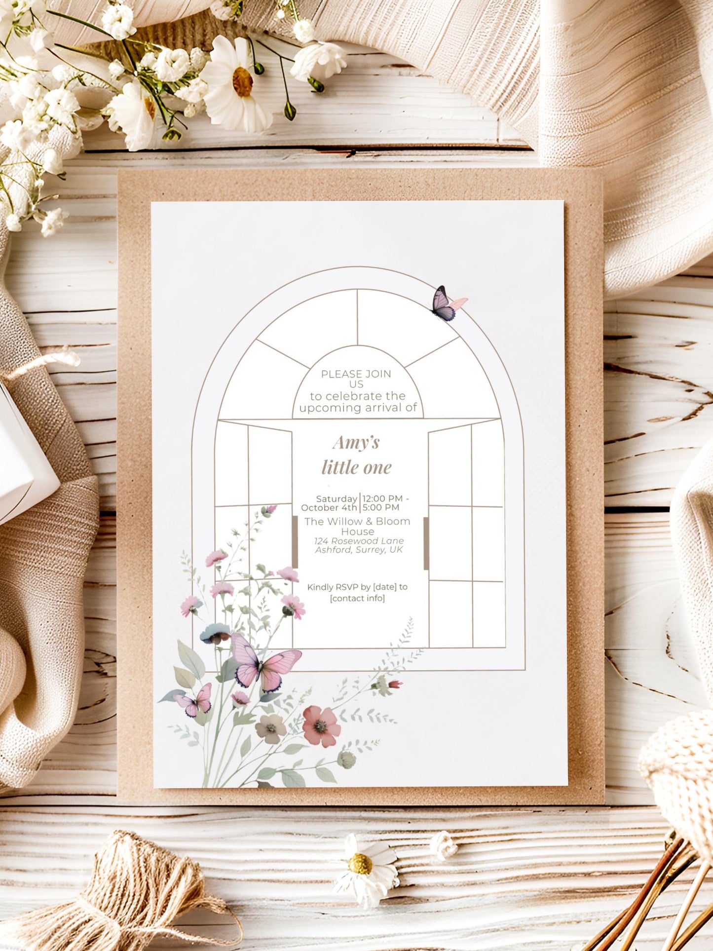 Elegant Butterfly Baby Shower Invitation Template ·Editable Arch Window Design with Florals· Neutral Minimal Baby Girl or Boy Shower Invite