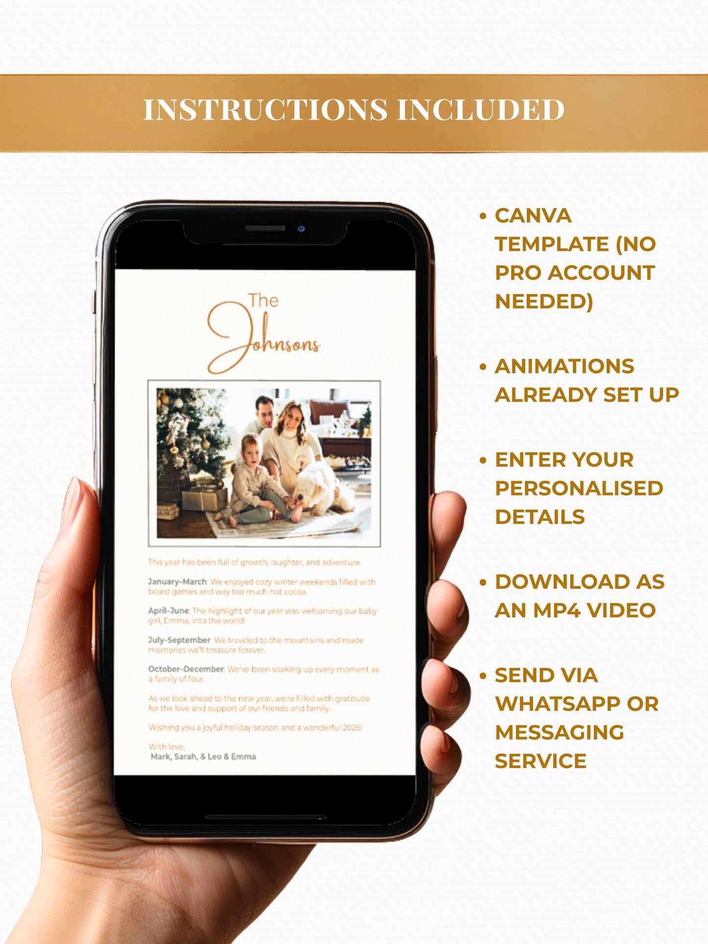 Merry Christmas Animated Digital Card with Family Newsletter (Customizable Canva Template) Musical Holiday Evite for WhatsApp & Messaging