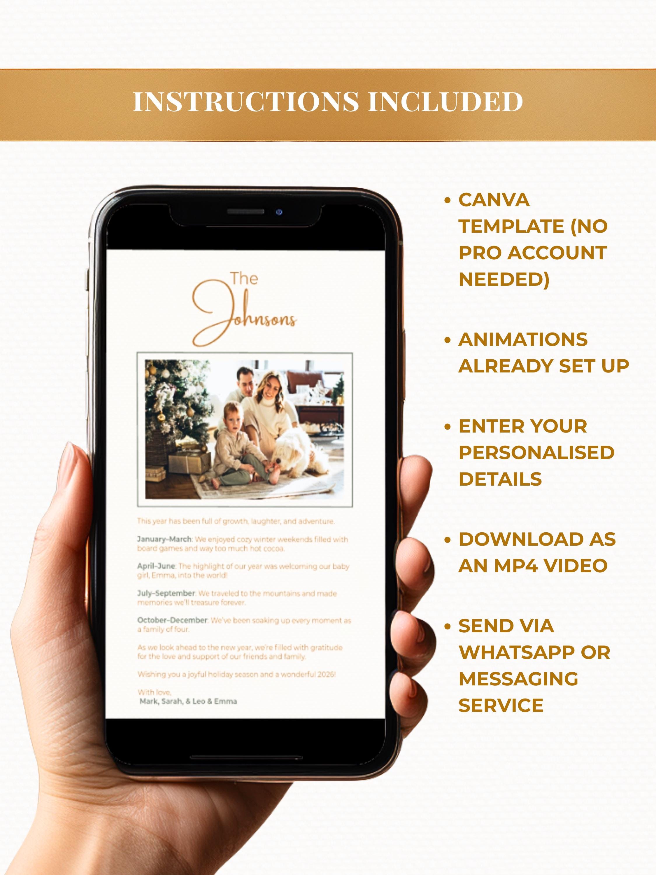 Merry Christmas Animated Digital Card with Family Newsletter (Customizable Canva Template) Musical Holiday Evite for WhatsApp & Messaging