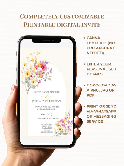 Digital Wedding Invitation Template Design Floral Watercolor Garden Wedding Ceremony Template Editable Canva Custom Invitation Romantic