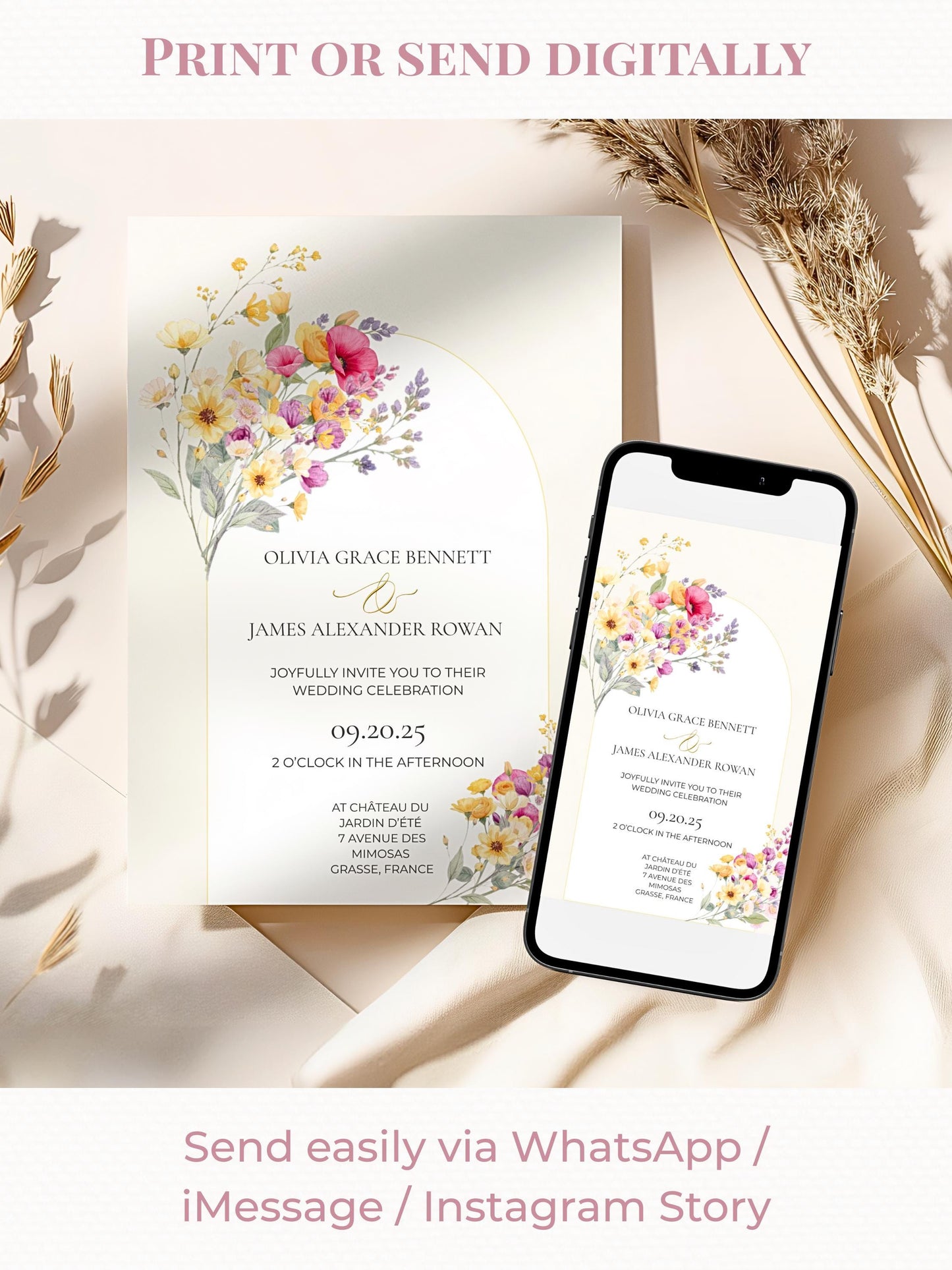 Digital Wedding Invitation Template Design Floral Watercolor Garden Wedding Ceremony Template Editable Canva Custom Invitation Romantic