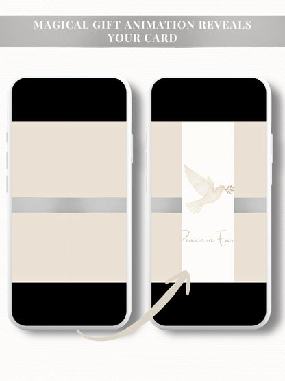 Peace on Earth Digital Christmas Card With Animated Gift Reveal & Family Newsletter - Dove Olive Branch Digital Holiday (Canva Template)