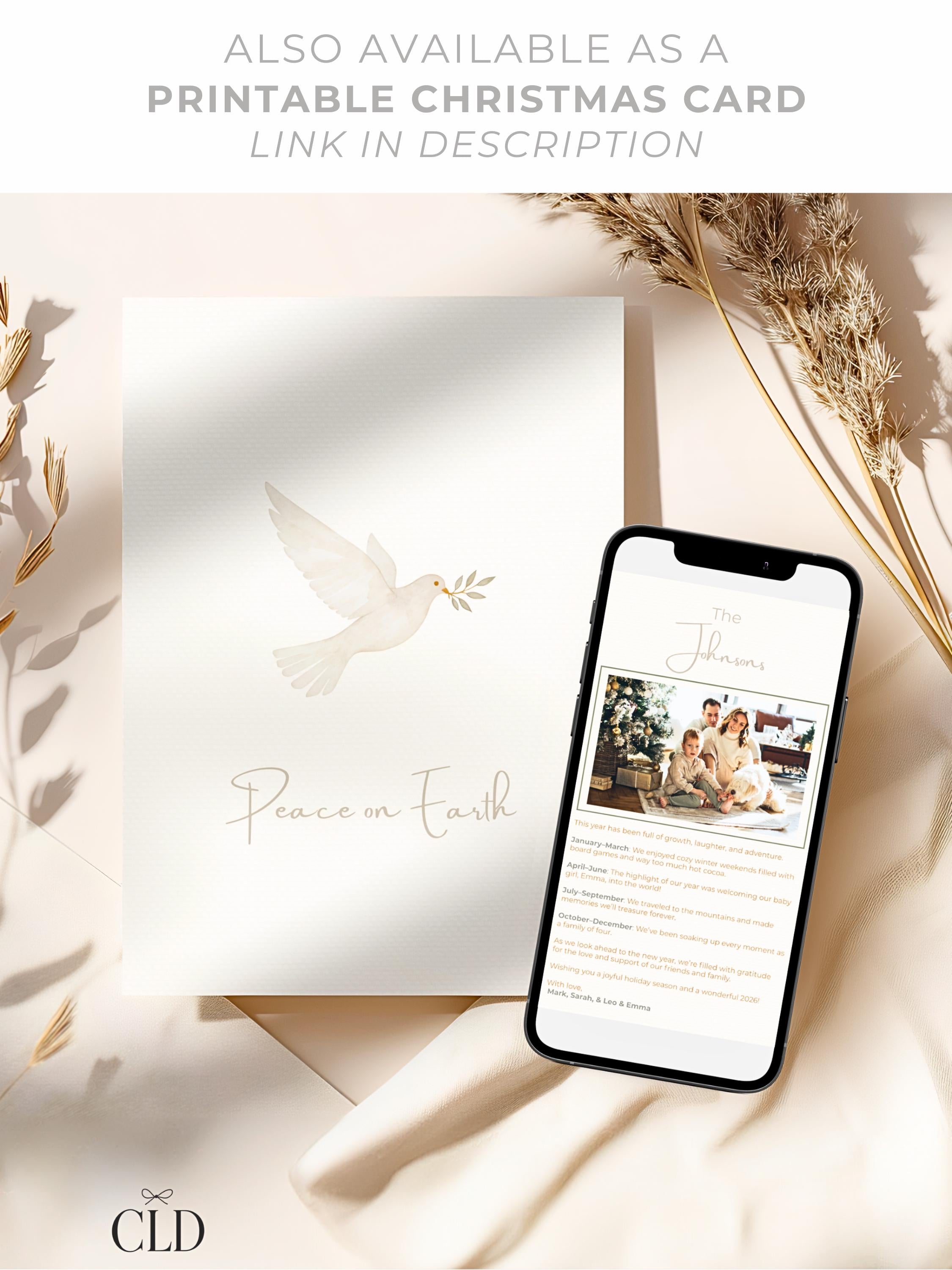Peace on Earth Digital Christmas Card With Animated Gift Reveal & Family Newsletter - Dove Olive Branch Digital Holiday (Canva Template)