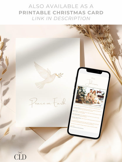 Peace on Earth Digital Christmas Card With Animated Gift Reveal & Family Newsletter - Dove Olive Branch Digital Holiday (Canva Template)