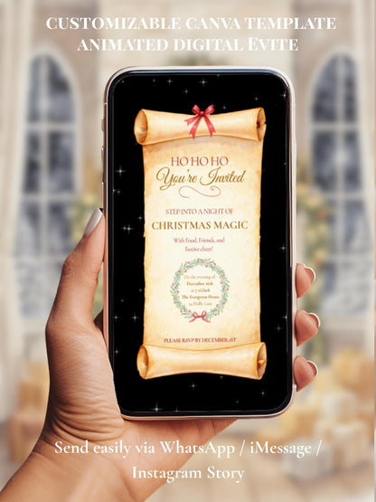 Magical Animated Christmas Party Evite, Enchanted Santa Digital Invitation, Editable Canva Template, Holiday Video Invite