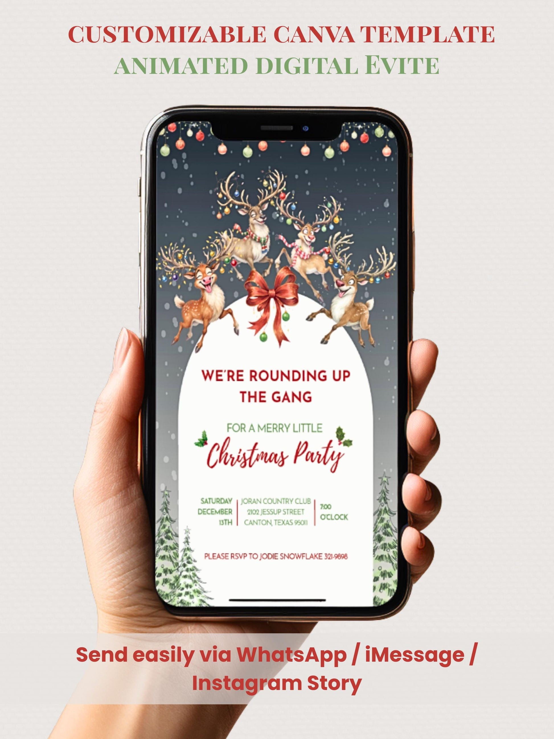 Animated Christmas Evite - Fun Reindeer Holiday Party Digital Invitation with Envelope Opening Festive Music Instant Download Canva Template