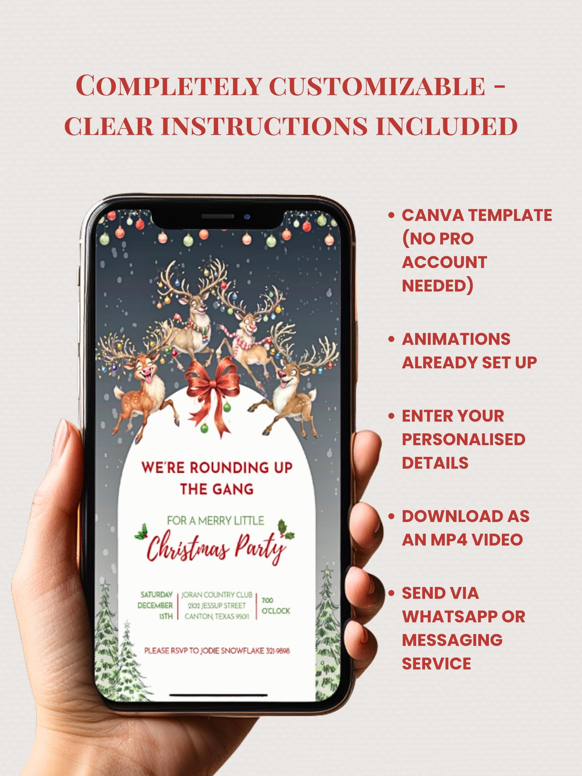 Animated Christmas Evite - Fun Reindeer Holiday Party Digital Invitation with Envelope Opening Festive Music Instant Download Canva Template