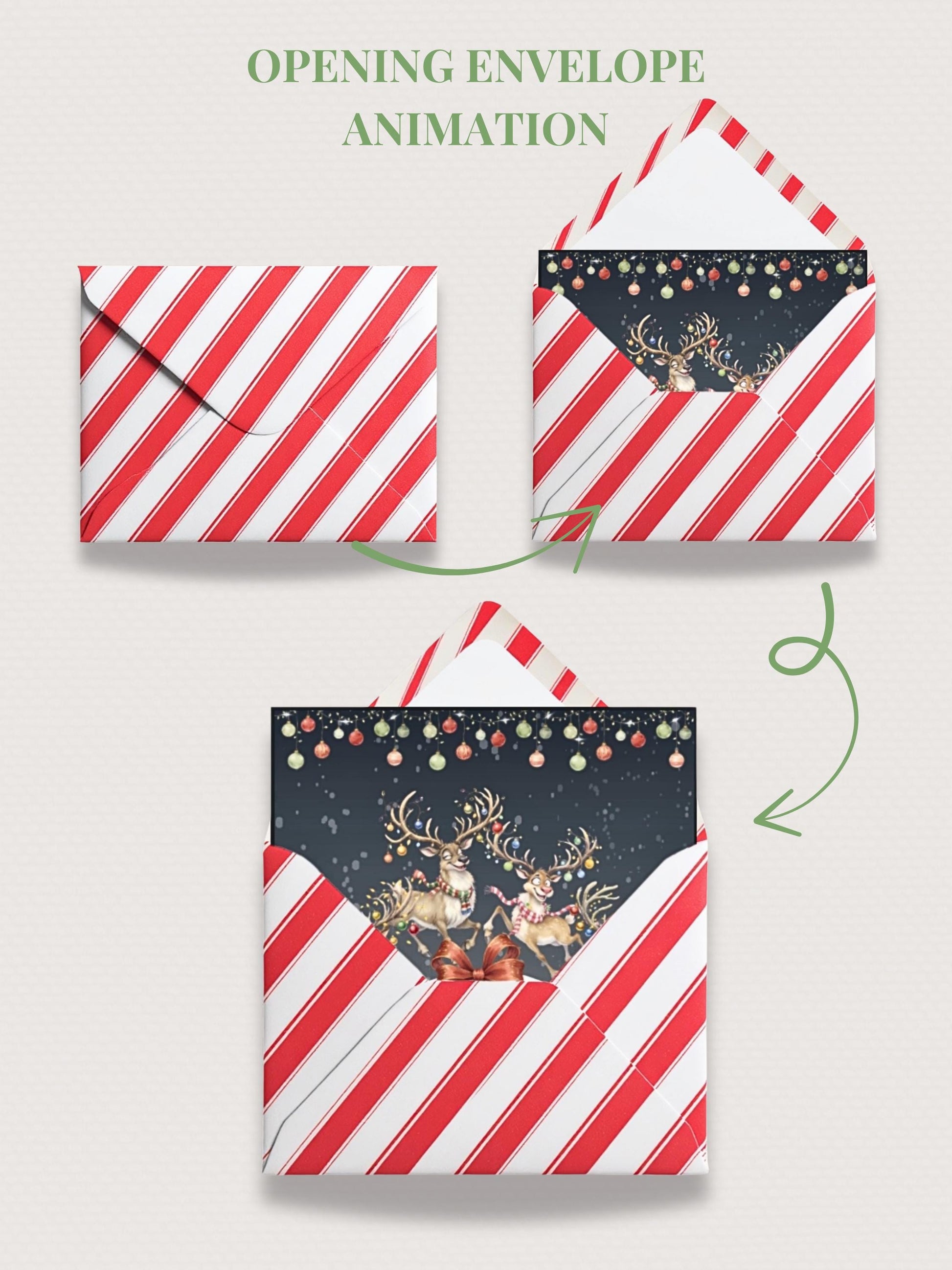 Animated Christmas Evite - Fun Reindeer Holiday Party Digital Invitation with Envelope Opening Festive Music Instant Download Canva Template