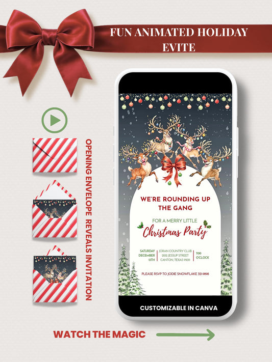 Animated Christmas Evite mockup showing a phone screen with a playful reindeer holiday party invitation. Features an opening candy cane striped envelope animation on the left, a large red bow across the top, and text that reads “Fun Animated Holiday Evite – Watch the Magic.” Festive design with snow falling and hanging Christmas lights