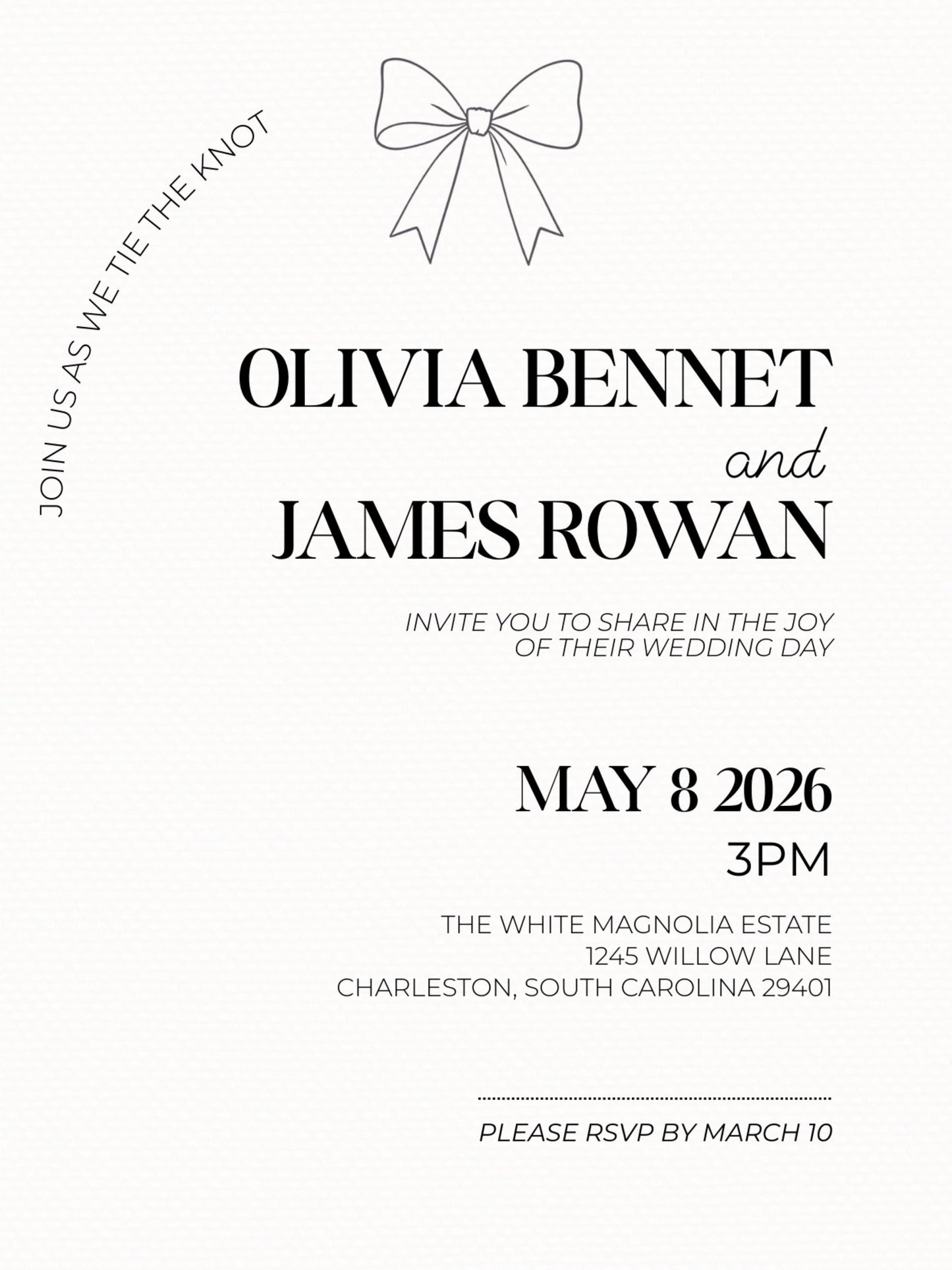 Modern Arch Wedding Invitation (Instant Download Editable Canva Template), Printable Digital Invite, Minimalist Elegant Bow Design