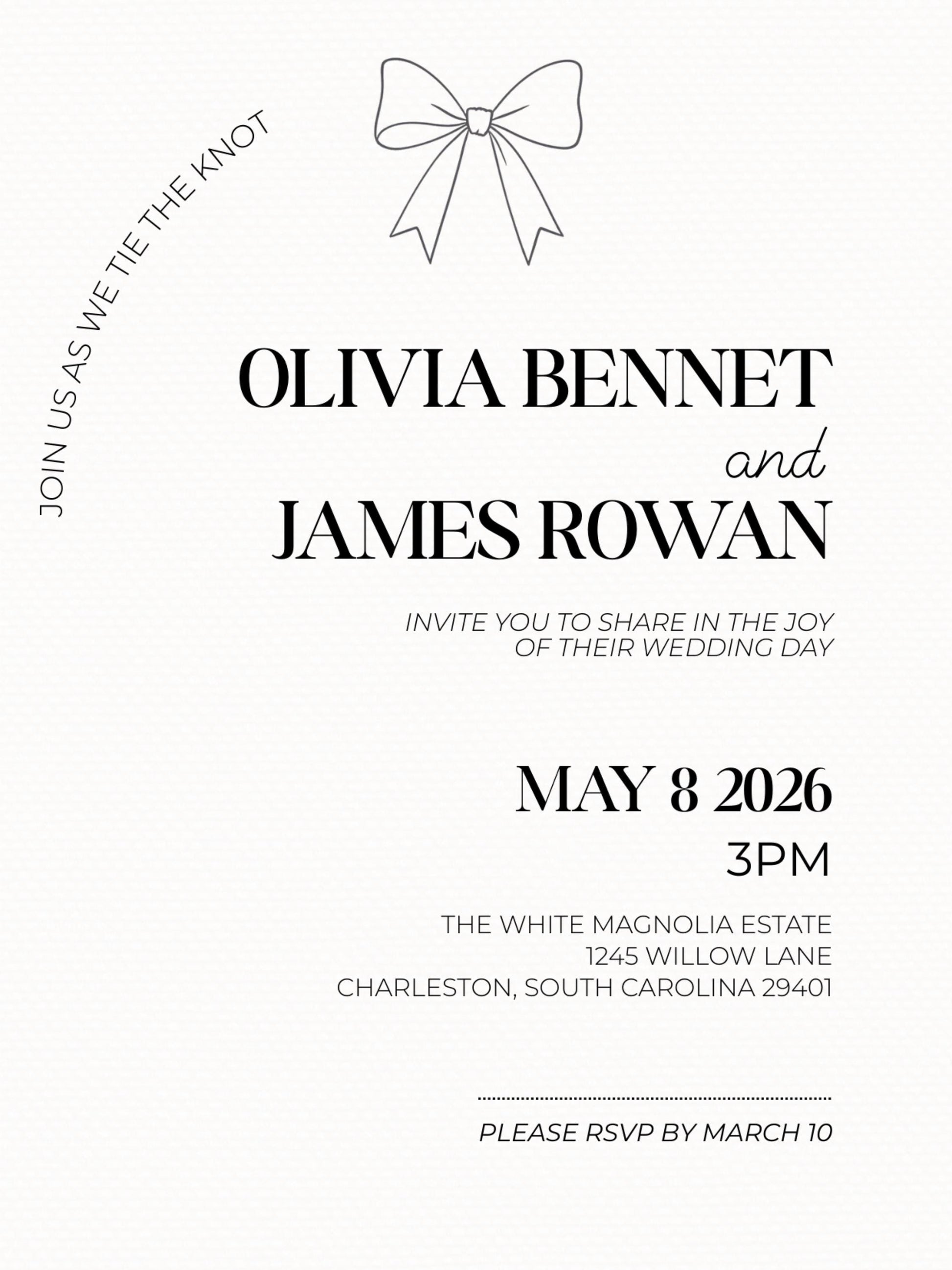 Modern Arch Wedding Invitation (Instant Download Editable Canva Template), Printable Digital Invite, Minimalist Elegant Bow Design