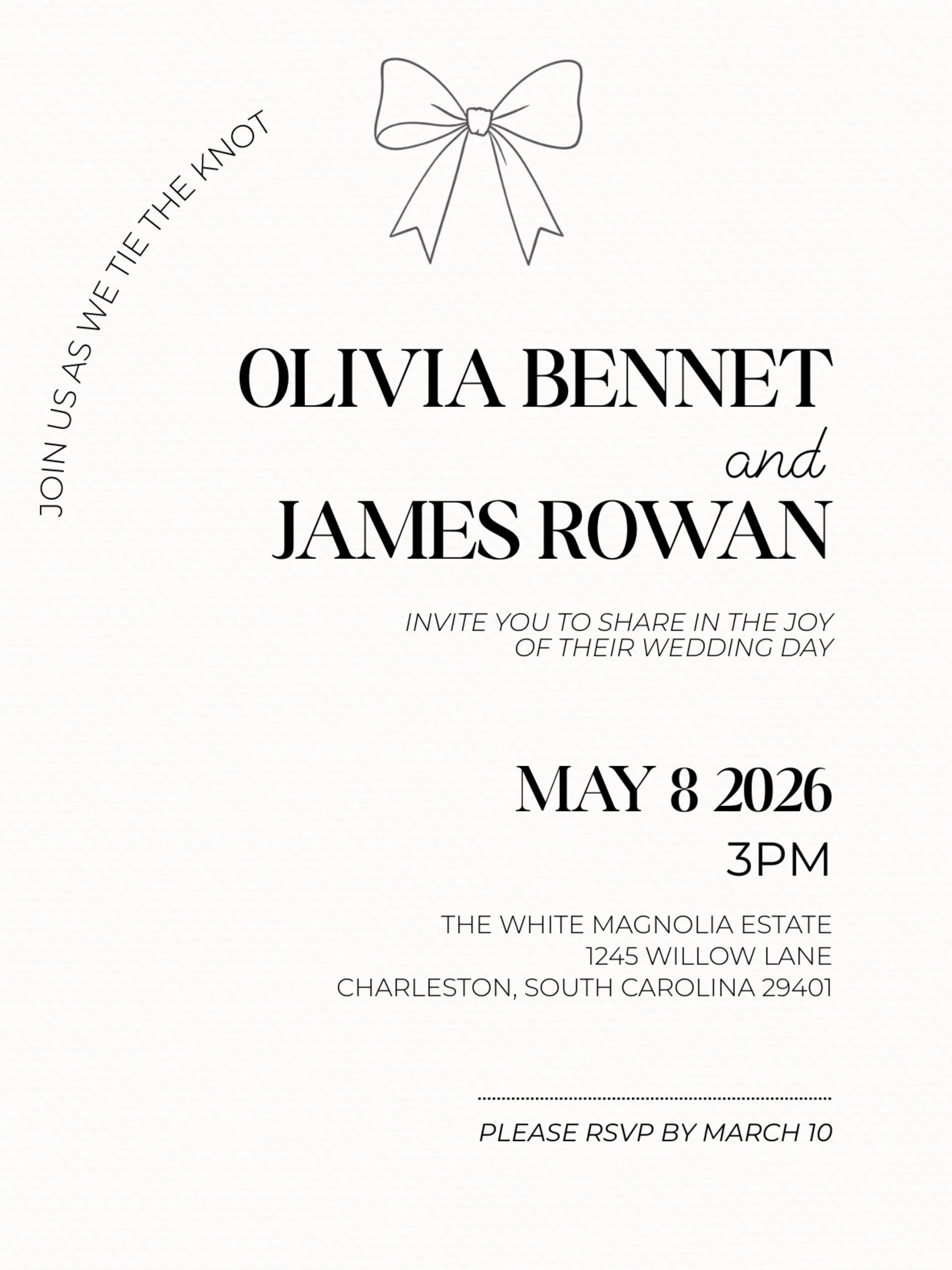 Modern Arch Wedding Invitation (Instant Download Editable Canva Template), Printable Digital Invite, Minimalist Elegant Bow Design