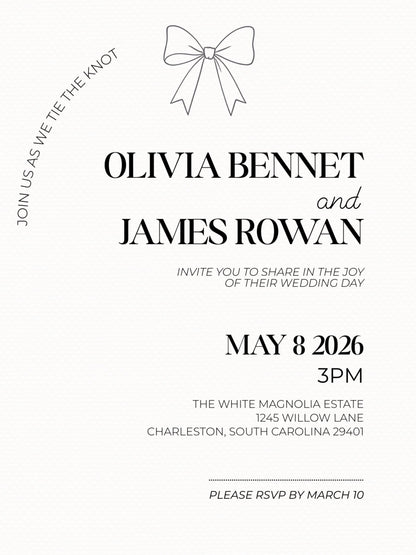 Modern Arch Wedding Invitation (Instant Download Editable Canva Template), Printable Digital Invite, Minimalist Elegant Bow Design