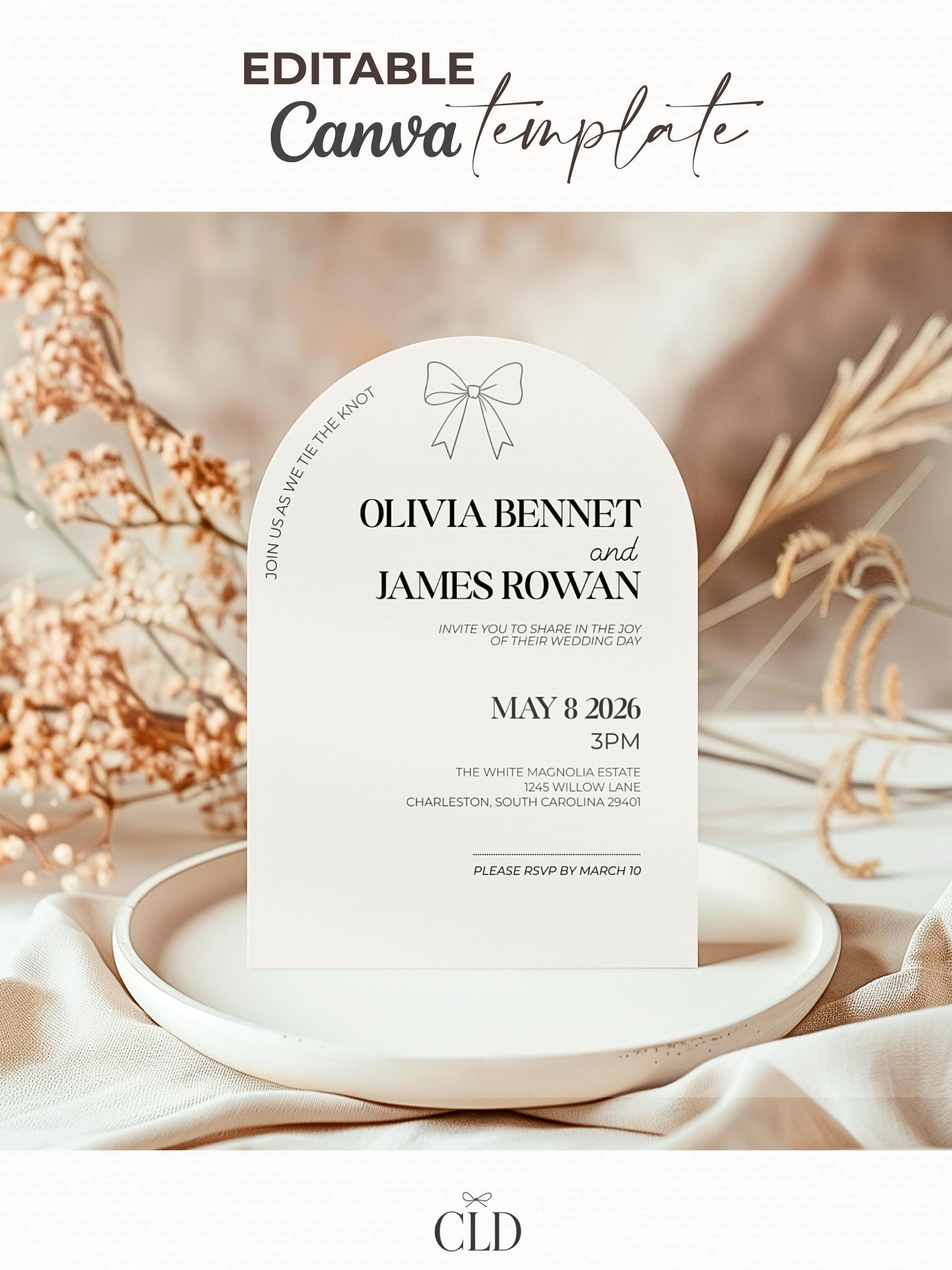 Modern Arch Wedding Invitation (Instant Download Editable Canva Template), Printable Digital Invite, Minimalist Elegant Bow Design