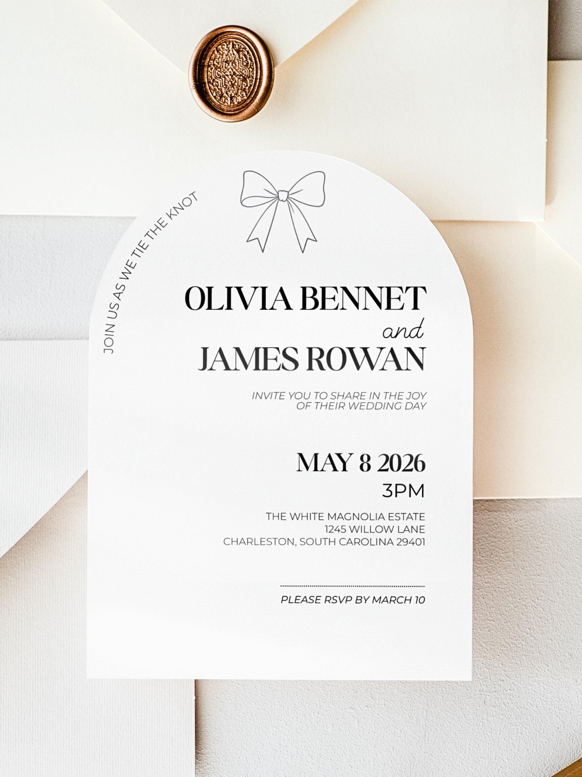 Modern Arch Wedding Invitation (Instant Download Editable Canva Template), Printable Digital Invite, Minimalist Elegant Bow Design