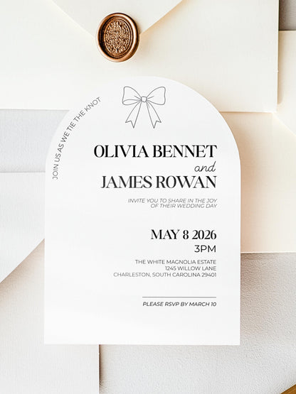 Modern Arch Wedding Invitation (Instant Download Editable Canva Template), Printable Digital Invite, Minimalist Elegant Bow Design