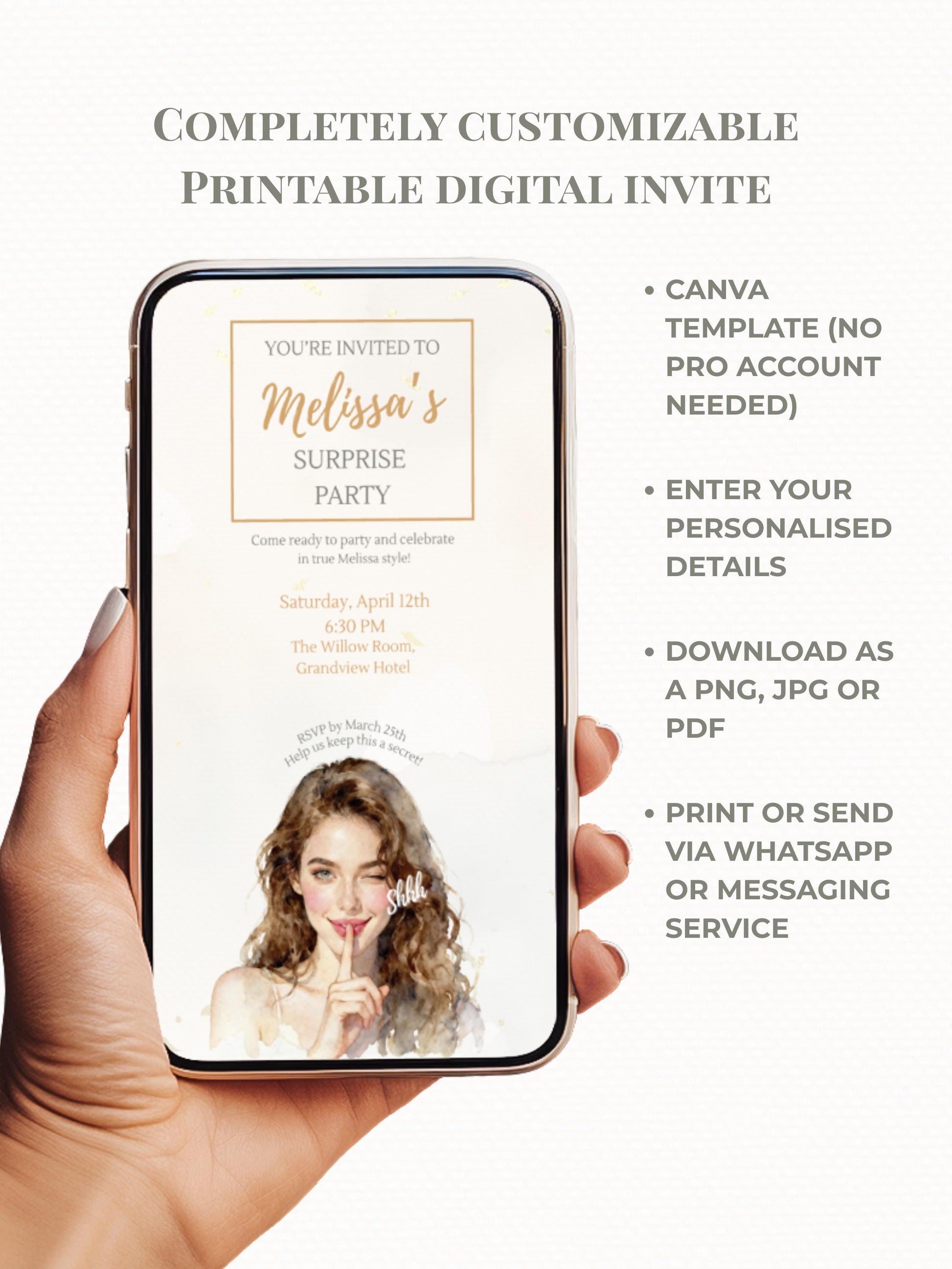 Surprise Party Invitation Template, Editable Canva Birthday Invite, Instant Digital Download, Printable Secret Party Customizable Invite