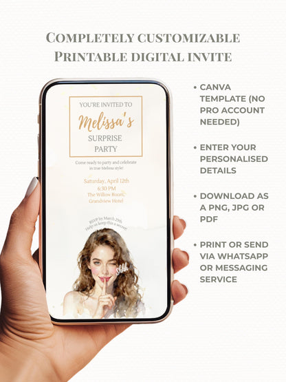 Surprise Party Invitation Template, Editable Canva Birthday Invite, Instant Digital Download, Printable Secret Party Customizable Invite