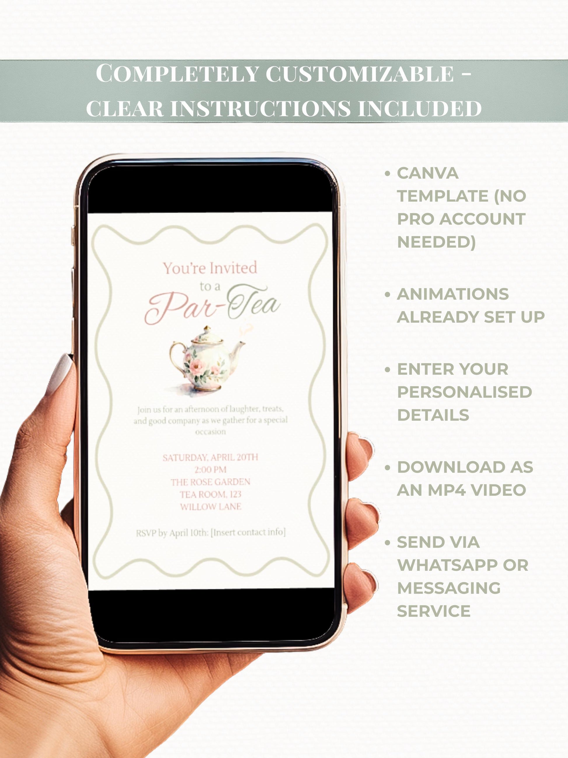 Animated Tea Party Invitation (Instant Download Editable Digital Canva Template) - Afternoon Tea, Birthday, Garden, Bridal Events Evite