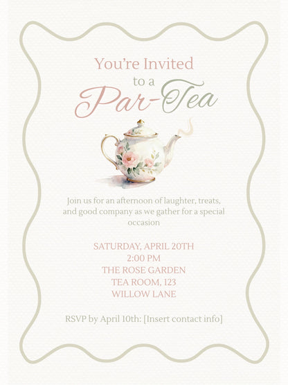 Editable Tea Party Invitation - Afternoon Tea, Birthday, Garden, Bridal Events Evite (Instant Download Printable Digital Canva Template)