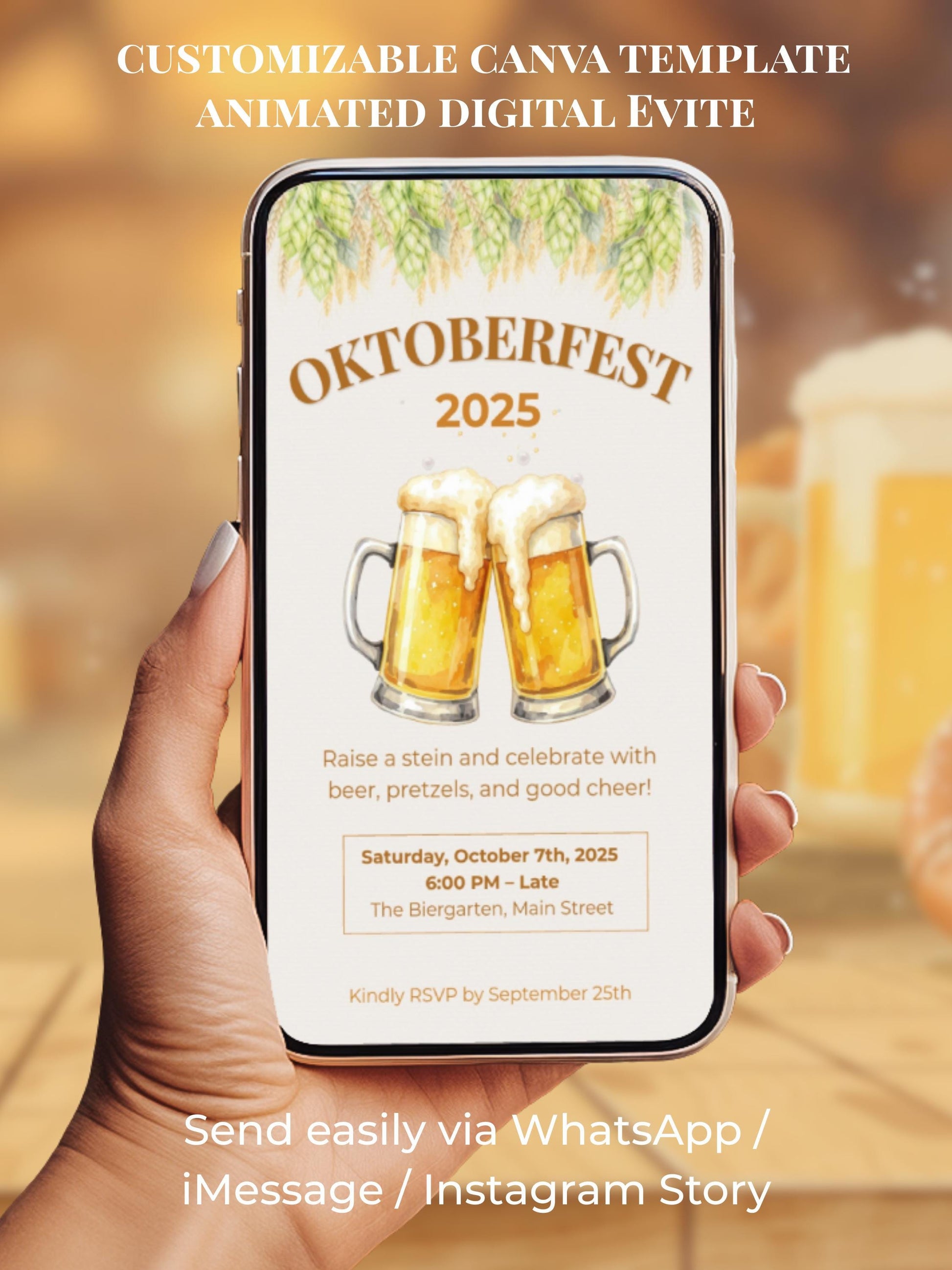 Animated Oktoberfest Party Invitation Template, Beer Steins Digital Evite (Canva Template, Instant Download)