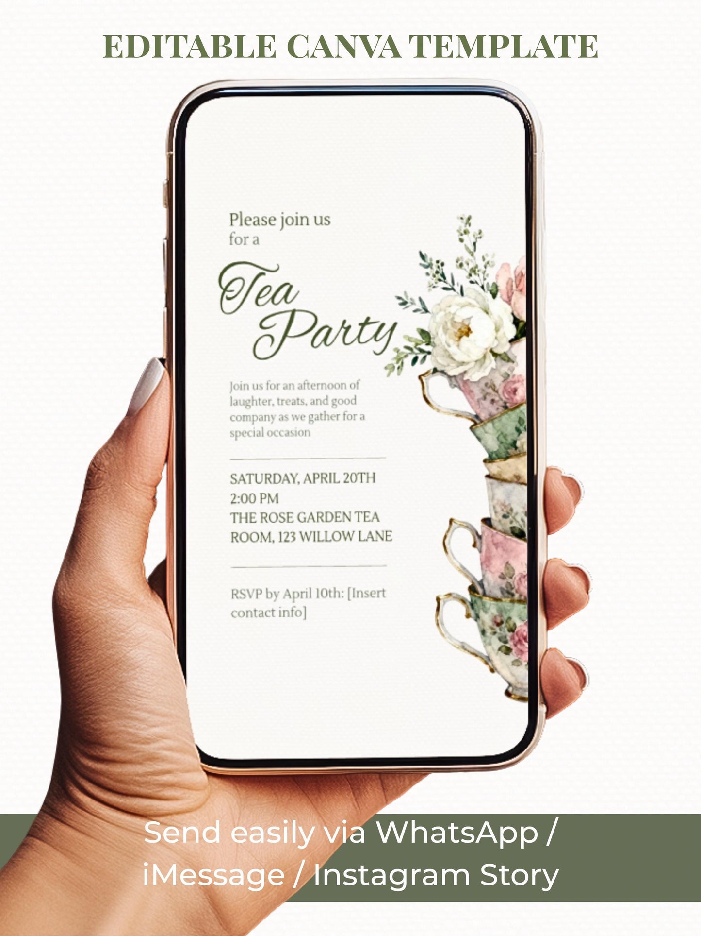 Animated Tea Party Invitation, Digital Evite (Instant Download Customizable Canva Template) Send via WhatsApp or iMessage: Birthday, Garden