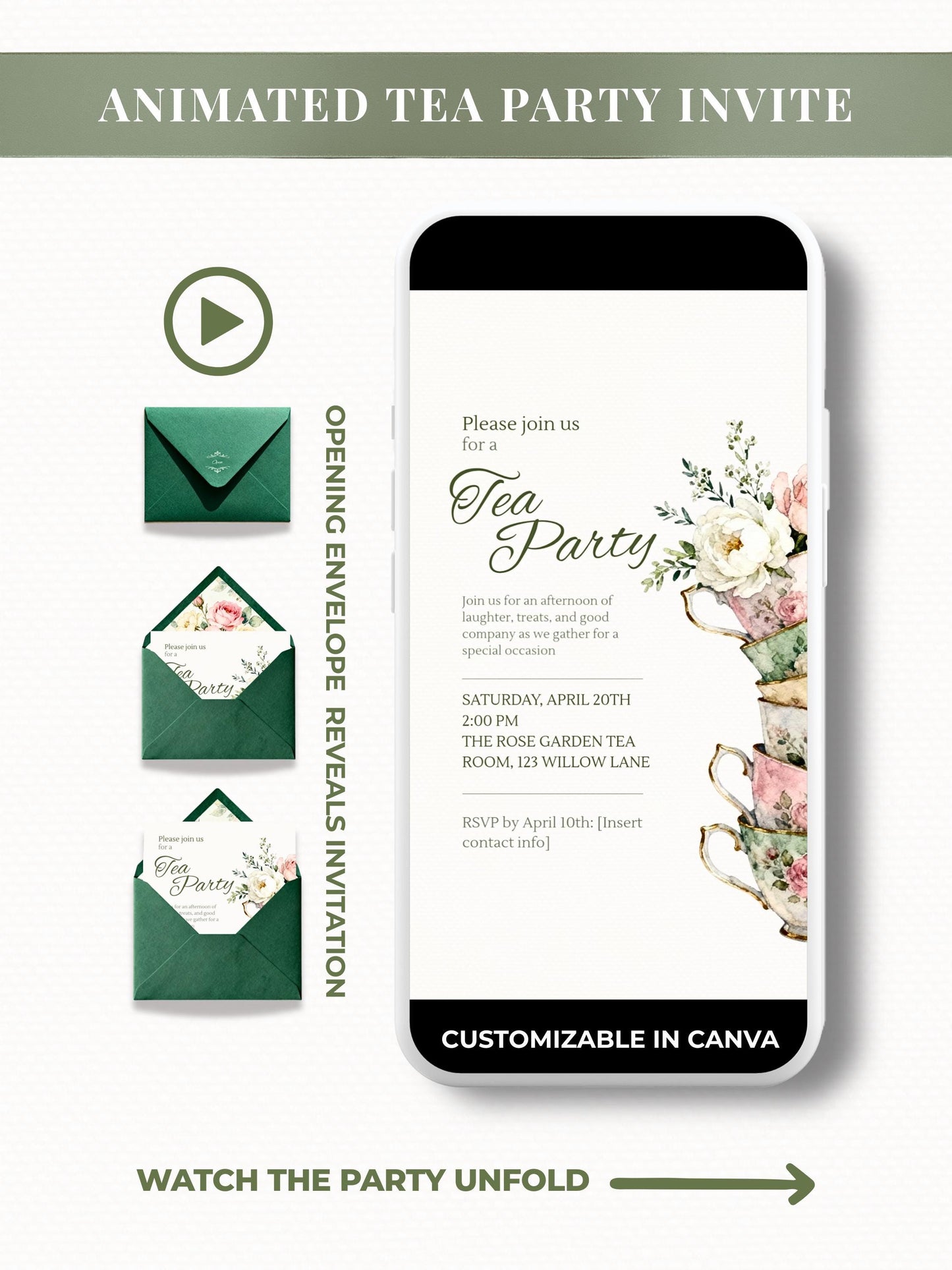 Animated tea party invitation with green envelope opening to reveal floral teacup design, customizable in Canva, perfect for WhatsApp or digital sharing