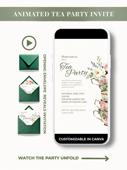 Animated tea party invitation with green envelope opening to reveal floral teacup design, customizable in Canva, perfect for WhatsApp or digital sharing