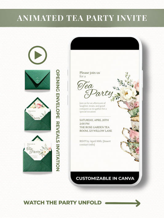 Animated tea party invitation with green envelope opening to reveal floral teacup design, customizable in Canva, perfect for WhatsApp or digital sharing