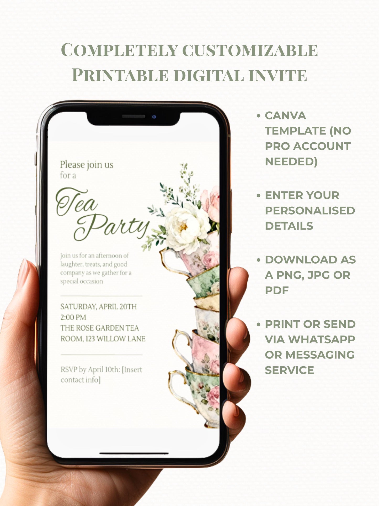 Tea Party Invitation Template, Editable Canva Invite, Floral Teacup Printable, Garden Party, Bridal Evite, Baby Shower, Instant Download