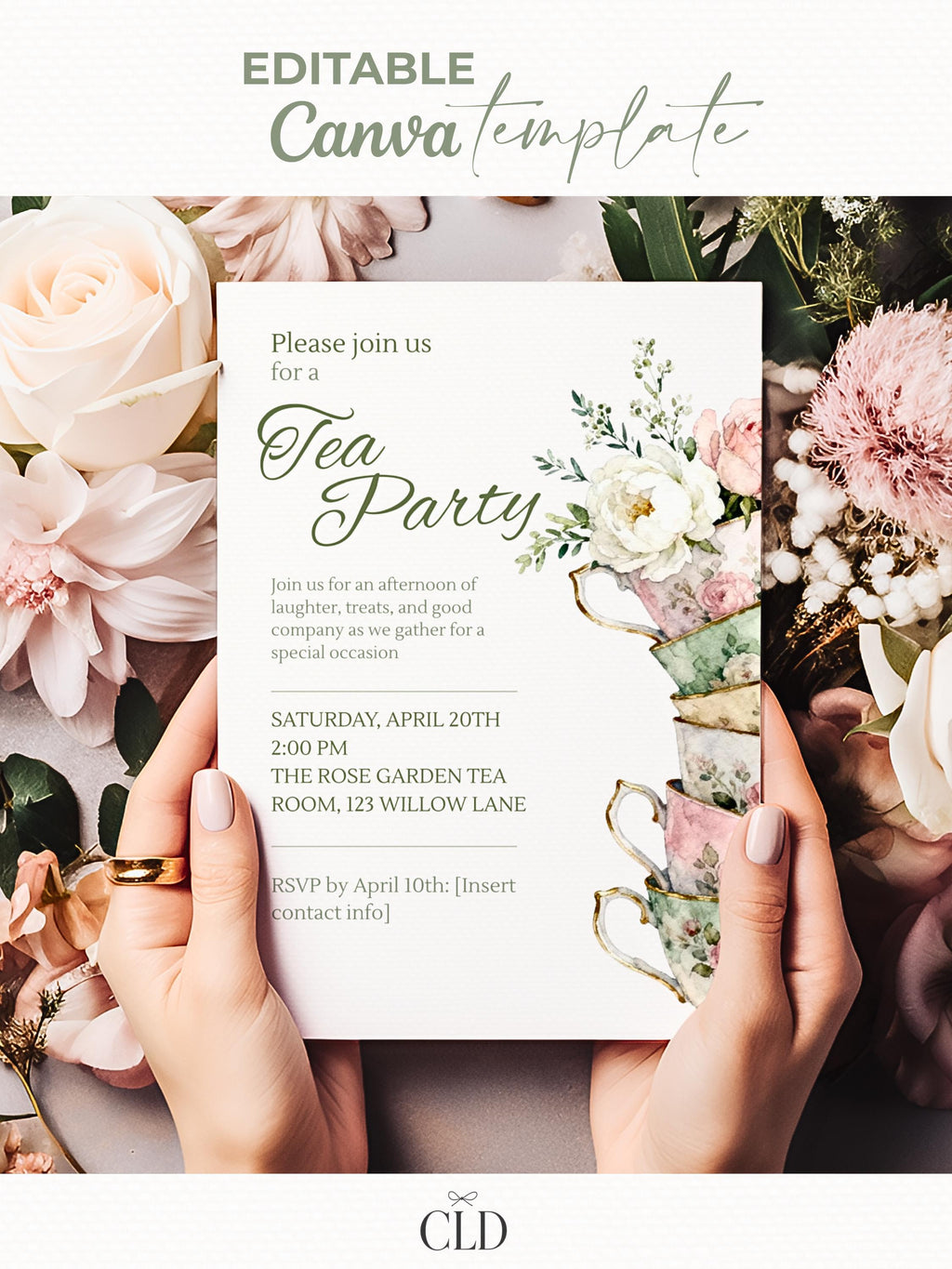 Tea Party Invitation Template, Editable Canva Invite, Floral Teacup Printable, Garden Party, Bridal Evite, Baby Shower, Instant Download