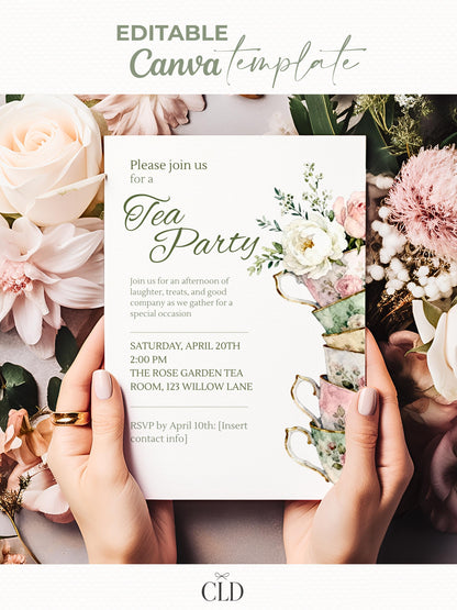 Tea Party Invitation Template, Editable Canva Invite, Floral Teacup Printable, Garden Party, Bridal Evite, Baby Shower, Instant Download