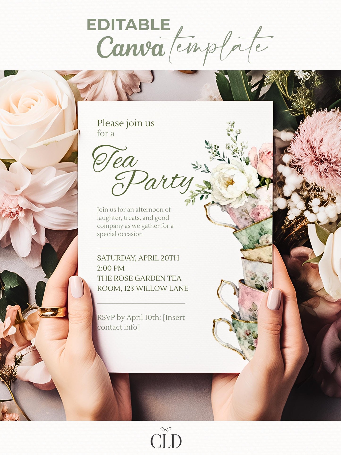 Tea Party Invitation Template, Editable Canva Invite, Floral Teacup Printable, Garden Party, Bridal Evite, Baby Shower, Instant Download