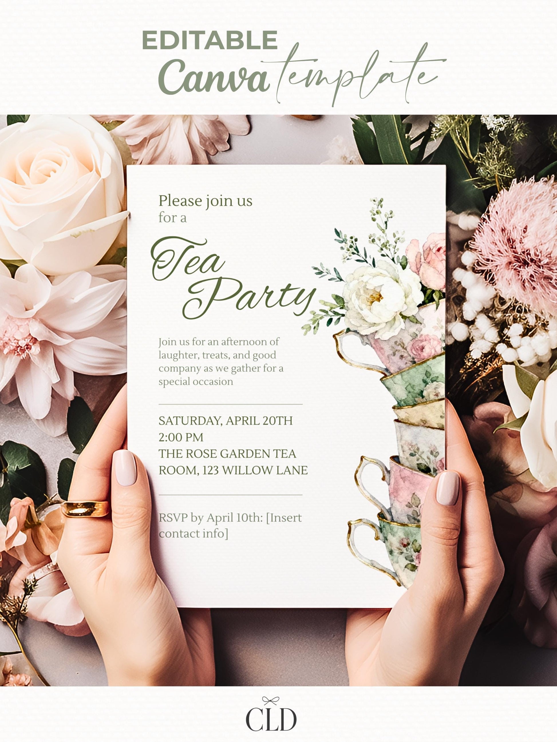 Tea Party Invitation Template, Editable Canva Invite, Floral Teacup Printable, Garden Party, Bridal Evite, Baby Shower, Instant Download