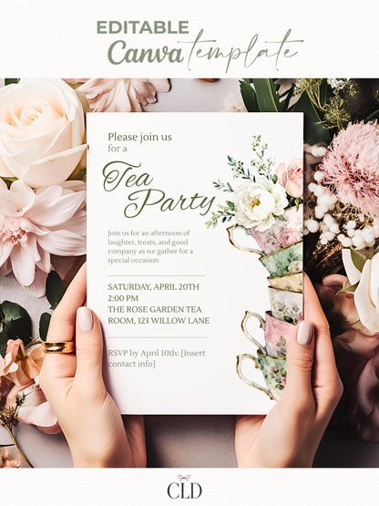 Tea Party Invitation Template, Editable Canva Invite, Floral Teacup Printable, Garden Party, Bridal Evite, Baby Shower, Instant Download