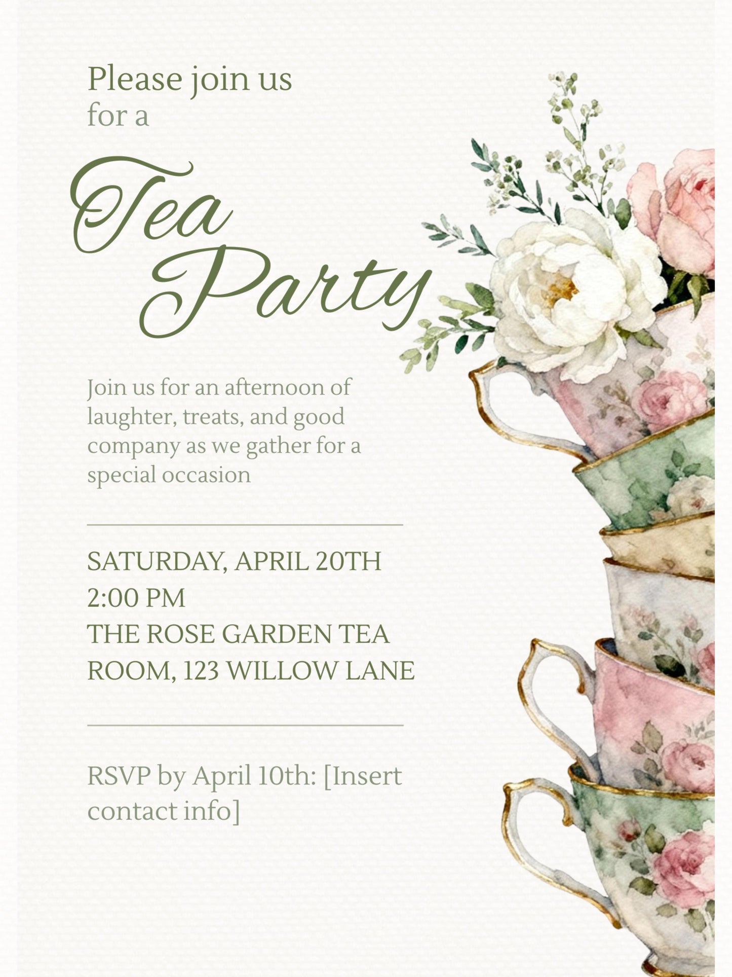 Tea Party Invitation Template, Editable Canva Invite, Floral Teacup Printable, Garden Party, Bridal Evite, Baby Shower, Instant Download