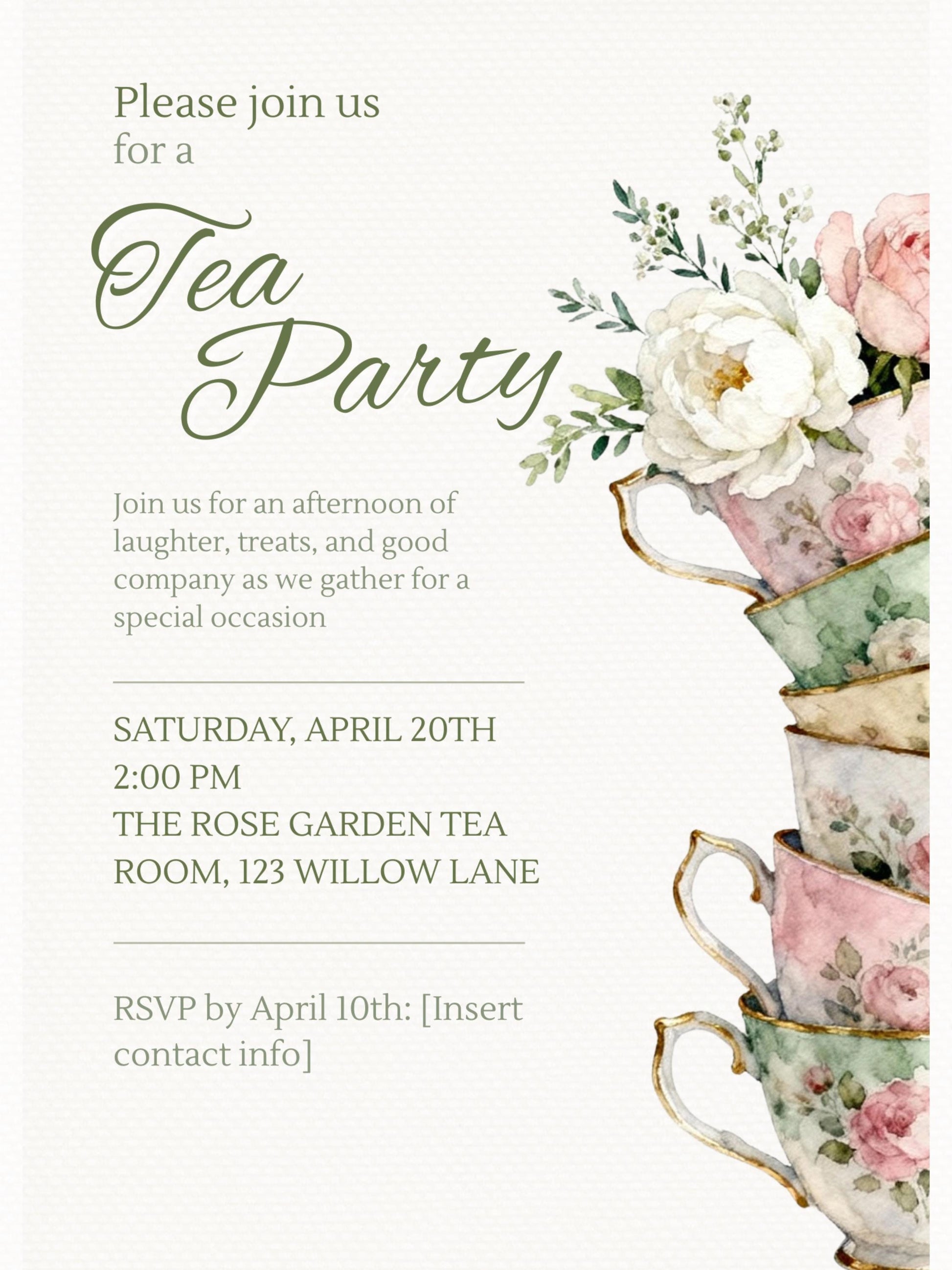 Tea Party Invitation Template, Editable Canva Invite, Floral Teacup Printable, Garden Party, Bridal Evite, Baby Shower, Instant Download