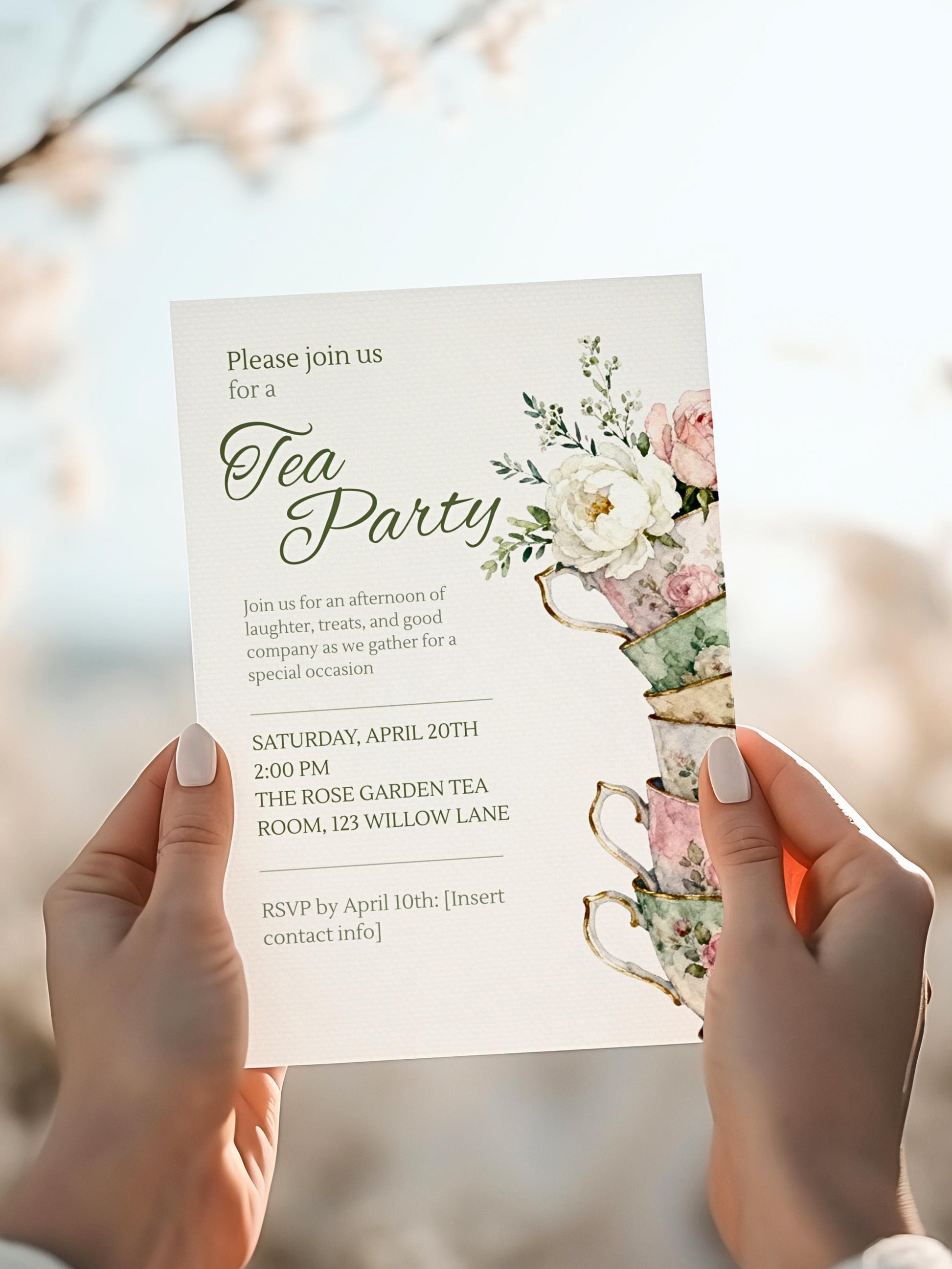 Tea Party Invitation Template, Editable Canva Invite, Floral Teacup Printable, Garden Party, Bridal Evite, Baby Shower, Instant Download
