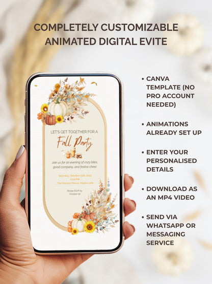 Animated Fall Party Invitation: Autumn Pumpkin Digital Evite, Harvest Party (Canva Template, Instant Download)