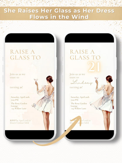 Animated 21st Birthday Invitation (Instant Download Editable Canva Template) Raise a Glass Champagne Theme Evite for WhatsApp or Text